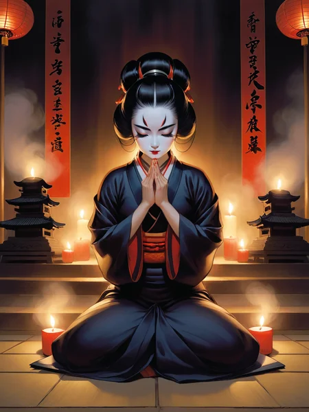 1girl, Kabuki kneeling in a temple at night with candles, sitting on her feet, knees together towards the front, eyes closed, correct anatomy, atmospheric fog, (correct hands), J Scott Campbell style, <lora:JSC_Style:1>