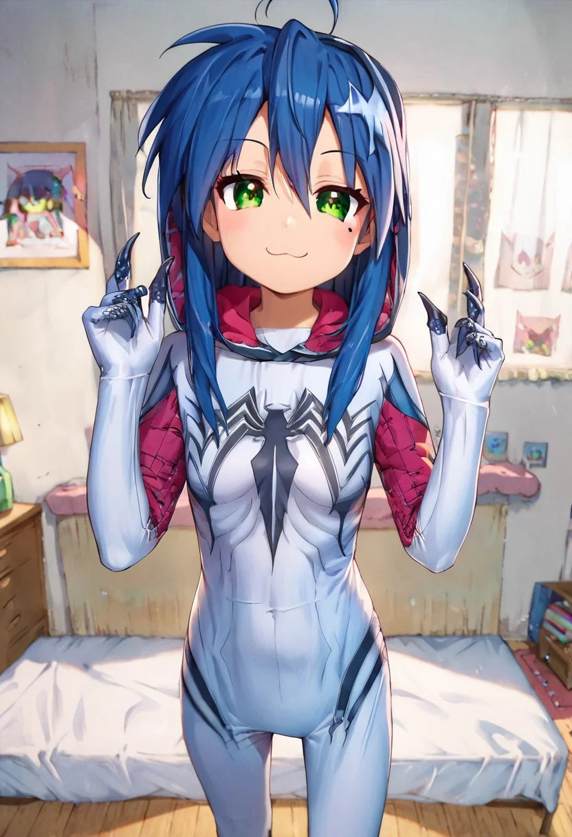 score_9, score_8_up, score_7_up, score_6_up, source_anime, masterpiece, ultra-detailed, highres, 4k, best quality, Dutch angle, bedroom, dark, cute, kawaii, cutecore, kawaiicore, cutegore, kawaiigore, BREAK,
1girl, <lora:konata:0.7>, Konata Izumi, 1girl, solo, long hair, ahoge, green eyes, mole, ultra-detailed eyes, dark blue hair, glossy hair, smooth hair, sleek hair, straight hair, standing, looking at viewer, cute, :3, smug smile, closed mouth
gw3nom, 1girl, white symbiote suit, claws, bodysuit, symbiote suit, hooded bodysuit