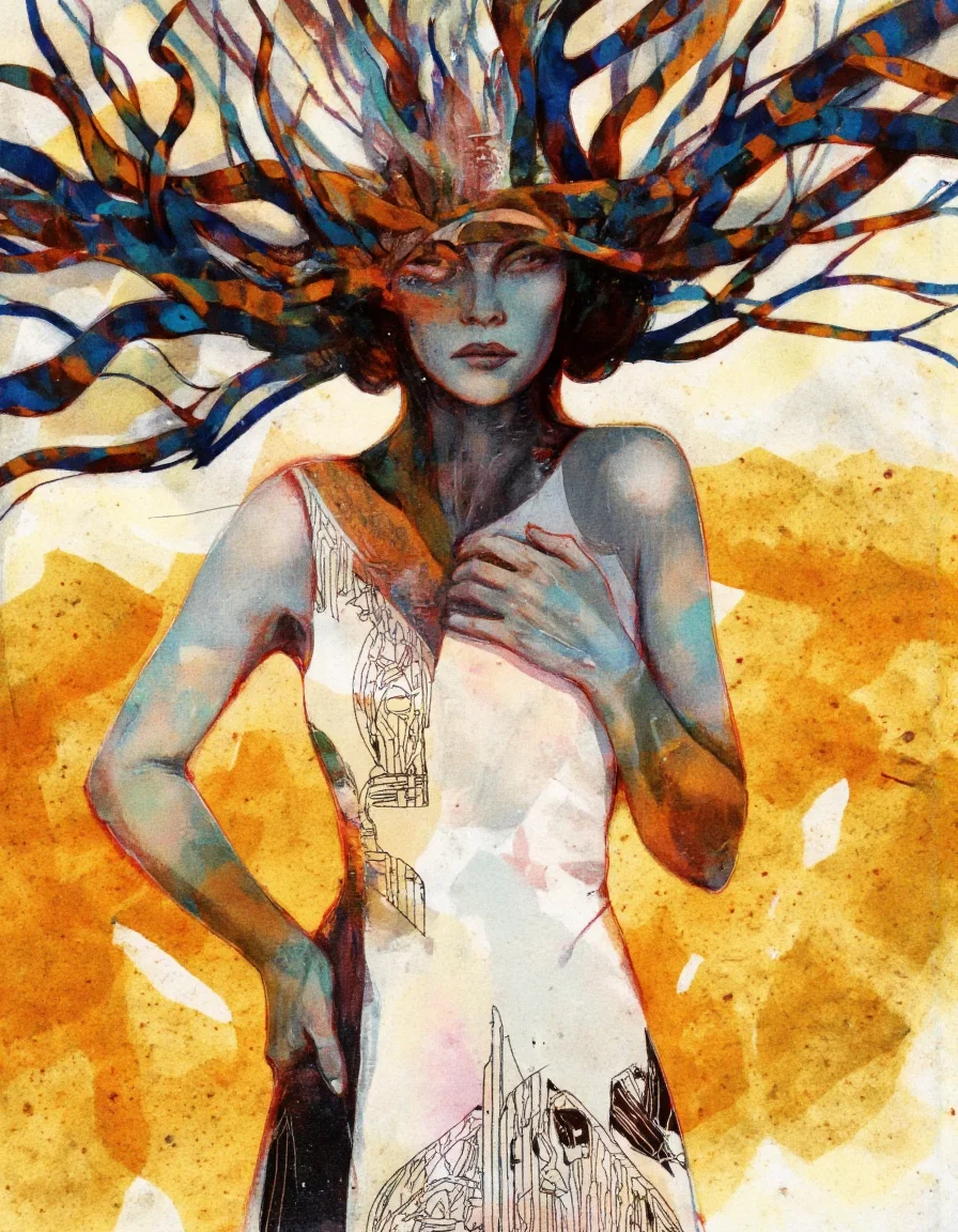 Art by Eli Minaya. A digital illustration shoot from a frontal camera angle about a woman with a mystical aura, surrounded by abstract elements and vibrant colors. the image also shows a woman standing in the middle of the image, with her upper body facing the viewer and her eyes looking directly at the viewer. she has long, dark hair and is wearing a white, sleeveless dress with geometric patterns. her expression is neutral and her body is slim. she is standing with her hands clasped together in front of her chest. the background is a mix of yellow and orange hues, with abstract shapes and textures that create a sense of depth and dimension. the woman is surrounded by a multitude of colorful, flowing branches that reach up to her head, creating a surreal and dreamlike atmosphere.