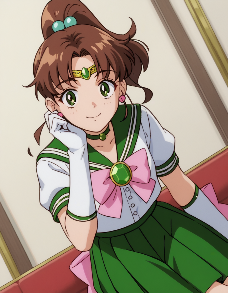 score_9, score_8_up, score_7_up, source_anime, <lora:makoto-kino-supers-movie-ponyxl-lora-nochekaiser:1>, makoto kino, brown hair, circlet, green eyes, hair bobbles, hair ornament, medium hair, ponytail, sidelocks, parted bangs,, back bow, bow, bowtie, brooch, choker, earrings, elbow gloves, flower earrings, gem, gloves, green choker, green gemstone, green sailor collar, green skirt, jewelry, miniskirt, pink bow, pink bowtie, pleated skirt, sailor collar, shirt, short sleeves, sidelocks, skirt, white gloves, white shirt,, indoors, smile, looking at viewer, solo, sitting, head rest,, cowboy shot, dutch angle