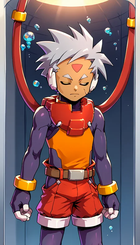 score_9,score_8_up,. score_7_up,score_6_up,score_5_up,score_4_up,source_anime BREAK <lora:vent_Grey:1>,grey \(mega man\),solo,closed eyes,1boy,male focus,gloves,shorts,cowboy shot,red shorts,grey hair,bodysuit,dark skin,forehead jewel,belt,(cable:0.8),robot ears,facial mark,fingerless gloves,bracelet,pantyhose under shorts,(pantyhose:0.6),dark-skinned male,shirt,orange shirt,<lora:Stasis Tank v6:1> BREAK stasis tank,(floating:1.2),air bubble,in container,(hanging:1.2),