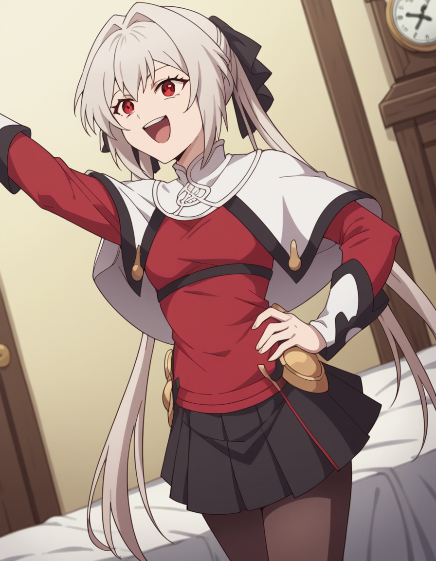 score_9, score_8_up, score_7_up, source_anime, <lora:lynneburg-clays-s1-ponyxl-lora-nochekaiser:1>, lynneburg clays, long hair, red eyes, twintails, grey hair, hair intakes, hair ribbon,, pantyhose, capelet, white capelet, dress, red dress, long sleeves, skirt, black skirt, pleated skirt,, bedroom, alarm clock, morning routine, yawning, stretching, on bed,, smile, , smug, hands on hips,, solo,, cowboy shot, dutch angle