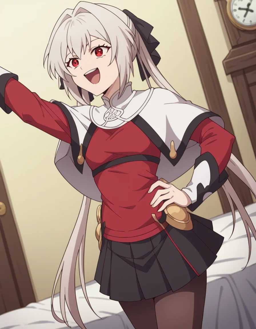 score_9, score_8_up, score_7_up, source_anime, <lora:lynneburg-clays-s1-ponyxl-lora-nochekaiser:1>, lynneburg clays, long hair, red eyes, twintails, grey hair, hair intakes, hair ribbon,, pantyhose, capelet, white capelet, dress, red dress, long sleeves, skirt, black skirt, pleated skirt,, bedroom, alarm clock, morning routine, yawning, stretching, on bed,, smile, , smug, hands on hips,, solo,, cowboy shot, dutch angle