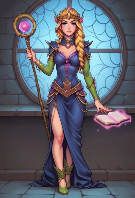 1girl, (((front view))), from front, solo, illustration, comic style, highly detailed, skinny, model body, looking at viewer, masterpiece, best quality, 1girl, masterpiece, best quality, fayenchantress, 1girl, solo, blonde hair, long hair, blue eyes, (young beauty, fit body:1.3), ((((magic shining orb in staff right hand, clothed book in left hand)))), ((((magic clothes))))
<lora:FayEnchantress:0.9>
BREAK
(((dark magic Observatory inside, night sky in window:1.6)))) score_9, score_8_up, score_7_up, score_6_up, source_cartoon, rating_explicit, Expressiveh, ((((full body))))), dynamic pose