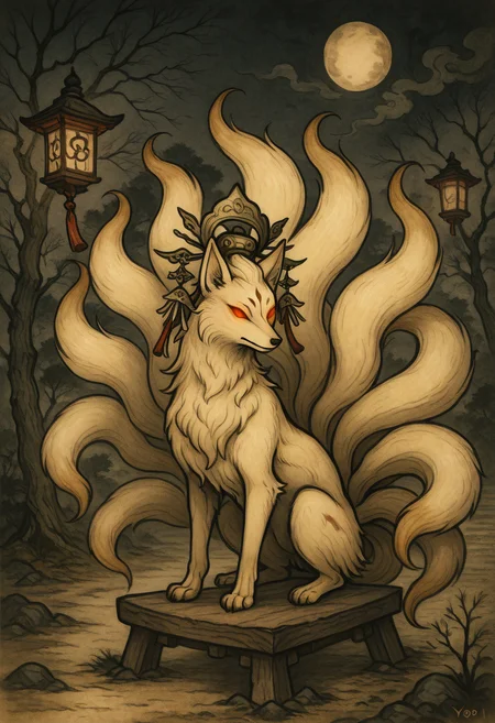 masterpiece, best quality,     y0k4i, ninetales, tree, bare tree, lantern, glowing, night,  <lora:YokaiPokedex_IXL:1.0>,