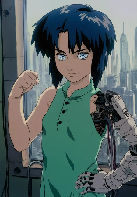 masterpiece,absurdres,best quality,high quality,<lora:GITS1995_XL Vpred Noob:1>,1girl,android,kusanagi motoko,robot,short hair,portrait,close-up,parted bangs,blue hair,blue eyes,(green dress:1.1),small breasts,hand on own hip,(curtained hair:1.5),flexing,single mechanical arm,wire,looking at viewer,smile,workshop,window,cityscape,
