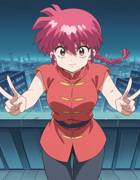 score_9, score_8_up, score_7_up, source_anime, <lora:ranma-saotome-alpha-ponyxl-lora-nochekaiser:1>, ranma saotome, braid, red hair, single braid, braided ponytail, red eyes, medium breasts,, pants, chinese clothes, tangzhuang,, city skyline, rooftop view, night time, city lights, quiet reflection, , looking at viewer, v,, solo,, cowboy shot, dutch angle,