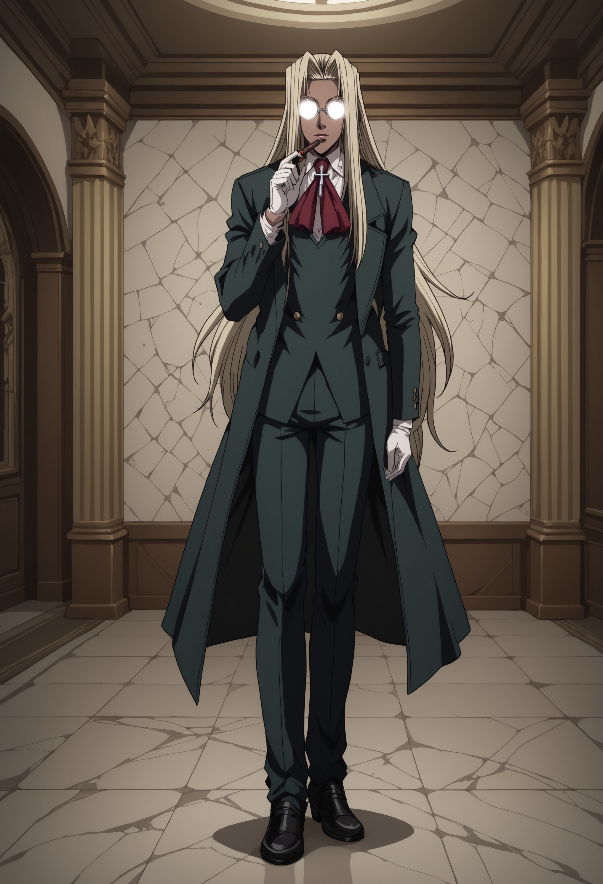 masterpiece,best quality,amazing quality, IntegraHellsing, 1girl, solo, blonde hair, very long hair, dark skin, opaque glasses, glowing glasses, glasses, round eyewear, green overcoat, red ascot, cross, green jacket, white shirt, white gloves, green suit, green pants, black shoes, standing, holding cigar, smoke, manor, indoors