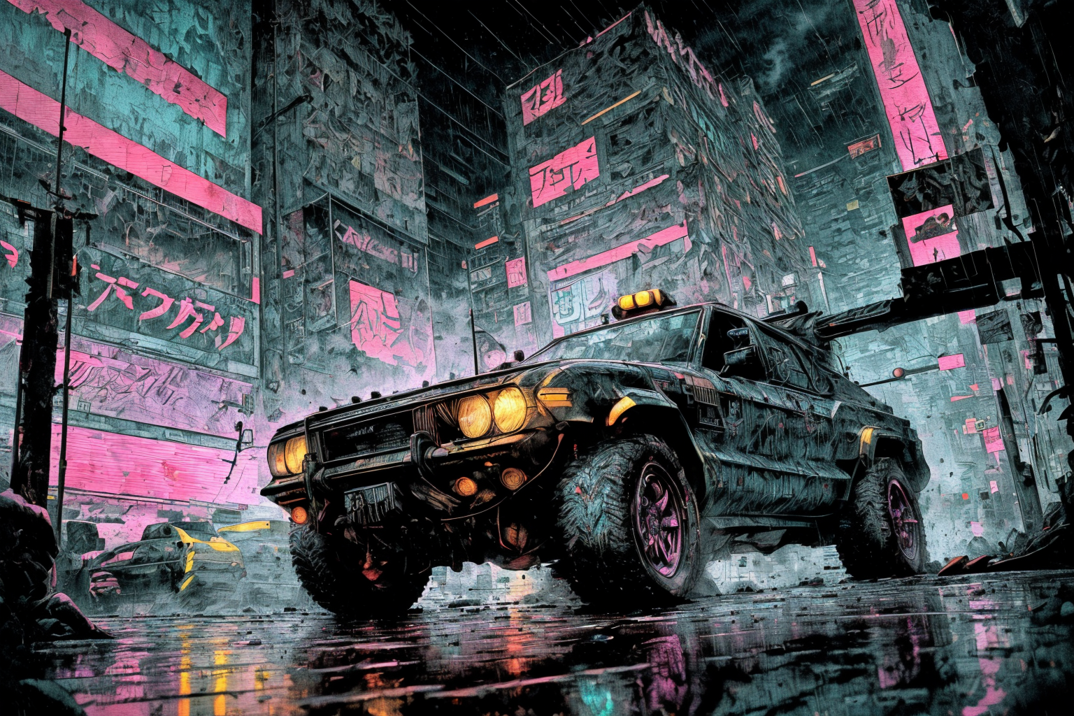 (RAW photo, 8k uhd, Analog style, Masterpiece, Best Quality, Highres:1.3), (dramatic, cinematic:1.2), BREAK,
movie shot of (ultra-detailed:1.1) (military:1.4) (cyberpunk:1.3) (battlecar:1.35) (armed with turret machine gun and grenade launchers:1.33) (rushing:1.3) through (cyberpunk city street:1.35), ((glossy:1.1) technological futuristic design:1.2), (drifting:1.3) (sportcar:0.3), (neon lights:1.1), (wet asphalt, reflections:1.2), (firing tires:1.35), (water splash, puddles:1.32), (debris:1.32), (steam:1.3), (frightened:1.1) (pedestrians:1.4), (bright day:1.15), (daytime:1.15) (cloudy sky, (rain:1.1):1.2), (skyscrapers:1.15), BREAK,
(photorealistic:1.2), (dutch angle:1.4), (light particles, colorful:1.2), (action movie scene, dynamic composition, fast, chasing:1.3), (motion blur, motion lines:1.3), (cyberpunk, science fiction, blockbuster, military vehicle, volumetric light:1.3), (daylight:1.2) (noir:0.5) (urban atmosphere, vehicle focus, cinematic tone, shiny, glowing, intricate, electricity, red purple aqua color scheme, graffiti, (dust:1.1), no humans:1.2), BREAK,
<lora:more_details:1.0>,
<lora:zoom_slider_v1:2.0>