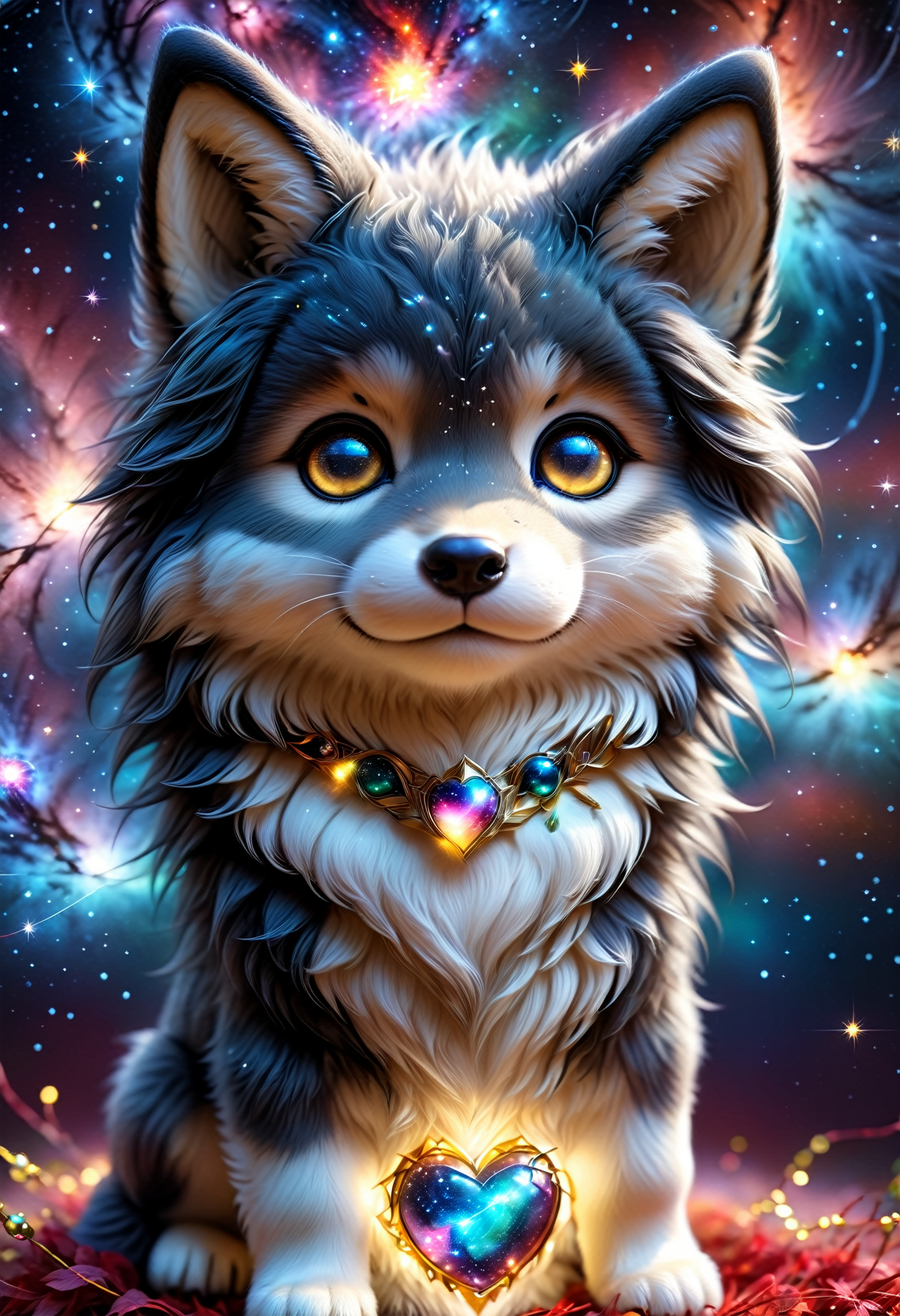(((videogame_style))), (sharp focus:1.2), lineart, flat color, monochrome, greyscale, depth of field, bokeh, 8k, OLED, 1 baby wulf, being playful, wearing ribbon choker in different colours, different fur, super cute,, The wulf raises its paws towards the viewer, in the galaxy, space wulf flying in the stars,lluminated by the ethereal glow of cosmic lightning, the light is reflecting shadows on the cute animal, for the viewer, it appears alive, as if a glimpse of its inner sparkle is possible, star sky, peacful and grateful atmosphere, painted hearts, magical atmosphere, close up, (((cuteness overload))), <lora:detailed_notrigger:0.9>, zhibi <lora:zhibi:0.8>, <lora:tweak-detail-xl:0.7> <lora:Jed-Cosmos-sdxl:0.7> Jed-Cosmos