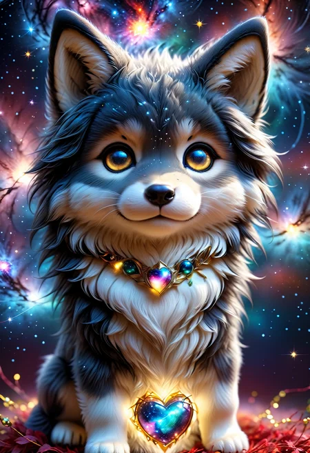 (((videogame_style))), (sharp focus:1.2), lineart, flat color, monochrome, greyscale, depth of field, bokeh, 8k, OLED, 1 baby wulf, being playful, wearing ribbon choker in different colours, different fur, super cute,, The wulf raises its paws towards the viewer, in the galaxy, space wulf flying in the stars,lluminated by the ethereal glow of cosmic lightning, the light is reflecting shadows on the cute animal, for the viewer, it appears alive, as if a glimpse of its inner sparkle is possible, star sky, peacful and grateful atmosphere, painted hearts, magical atmosphere, close up, (((cuteness overload))), <lora:detailed_notrigger:0.9>, zhibi <lora:zhibi:0.8>, <lora:tweak-detail-xl:0.7> <lora:Jed-Cosmos-sdxl:0.7> Jed-Cosmos