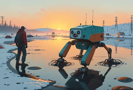 Cinematic, shot.
Dynamic view of an ancient goofy 12m tall disturbing (smiling) Sloth-shaped robot (and a man in front of it) in Simon Stalenhag's style from a futuristic era, at dusk hour with very long and realistic projected shadows, detailed frame, painting looks to be life like, on the ground, magical multicolored ink, high quality, imagination, fantasy art, vivid magical colors.
The shot takes place near an highway.
The robot is trying to cross an iced lake walking on four legs.
Many details everywhere. Ray-Tracing. Anti-Aliasing. Realistic reflections. Realistic soft shadows.
Slightly desaturated colors.
Insane quality. Insane resolution. Insane details. Masterpiece.
16k resolution
By Simon Stalenhag.