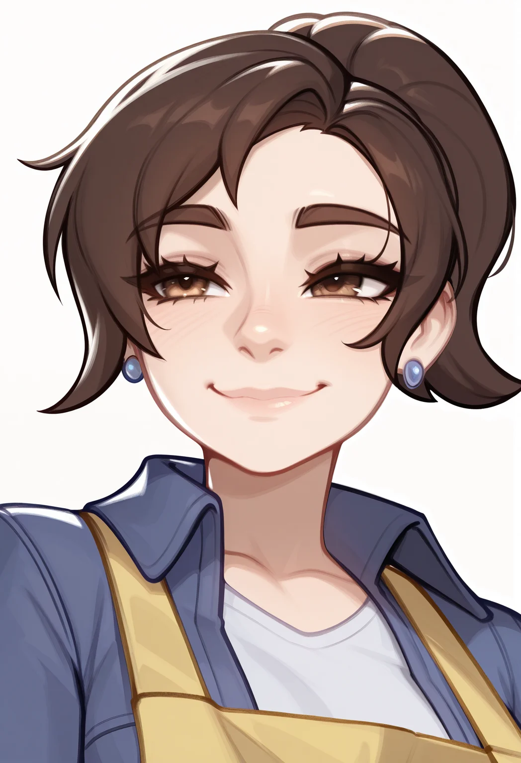 1girl, solo, smile, white background, portrait,
brown hair, brown eyes, short hair, ponytail,
earrings, yellow apron, blue jacket, collared jacket, white shirt,
masterpiece, best quality, <lora:paldea_mother-guy90-Illust-LoraV1:1>, rehlap, <lora:Blushyspicy-guy90-IllustriousV101:1> yciblu