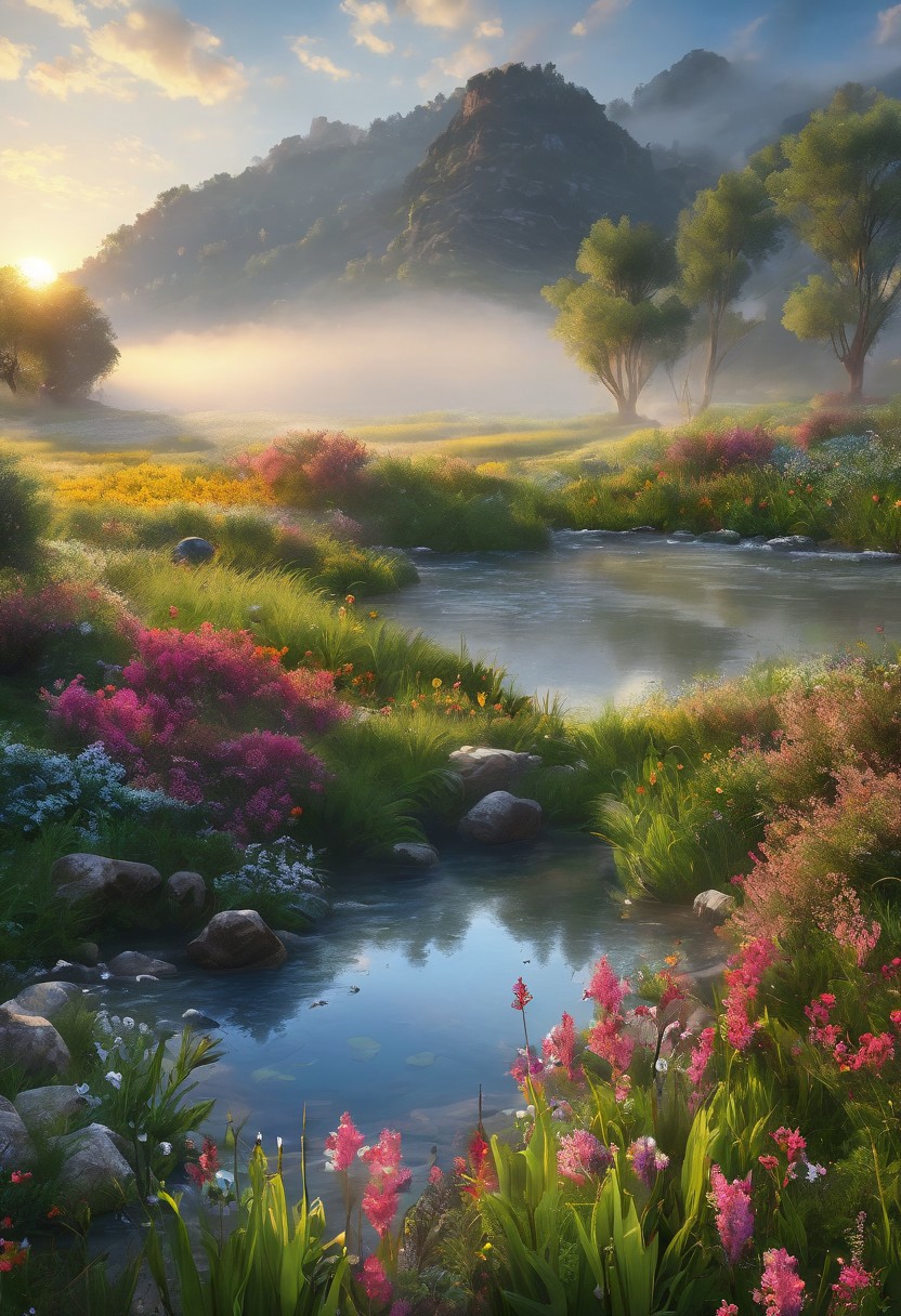 realistic photo. great, astonishing landscape. paradise. valley. sunset. fog. creek. sun rays. birds. flowers.
high-resolution, highly detailed, 8k, masterpiece. score_9,score_8_up,score_7_up,score_6_up.