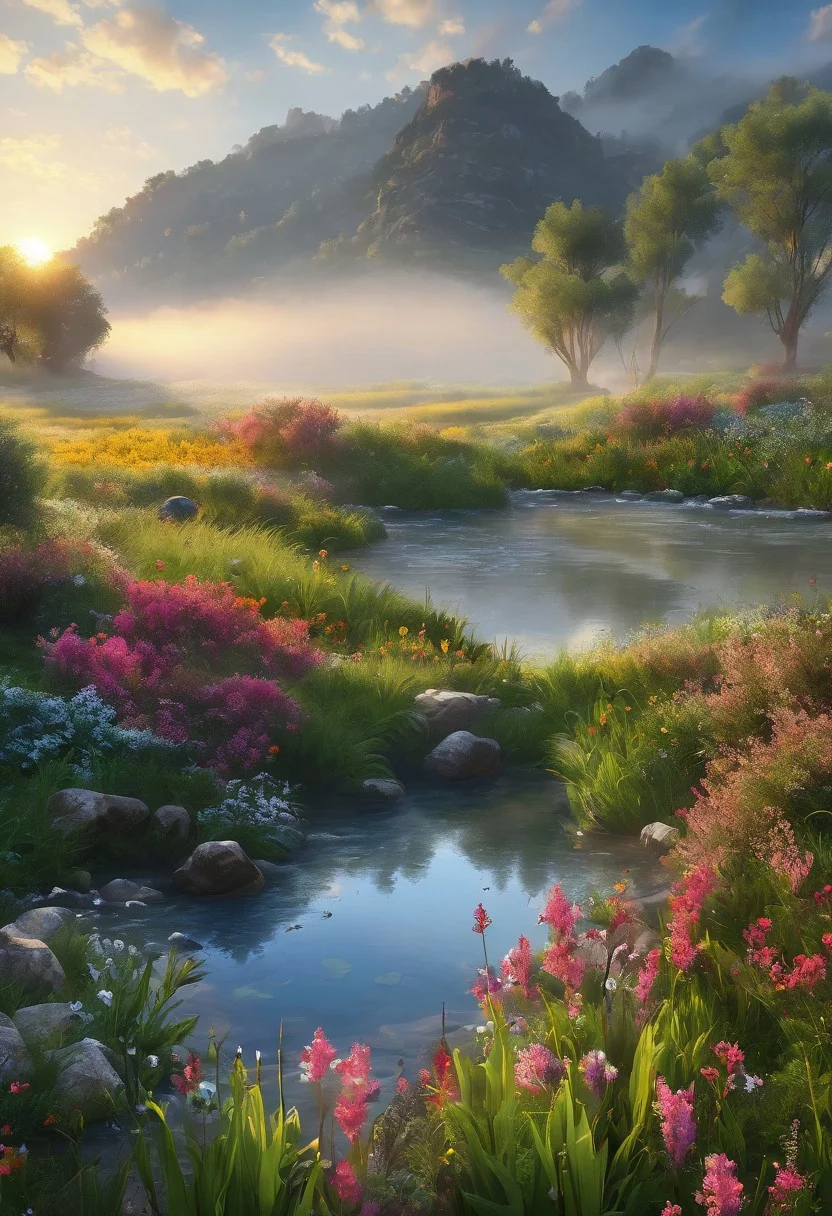 realistic photo. great, astonishing landscape. paradise. valley. sunset. fog. creek. sun rays. birds. flowers.
high-resolution, highly detailed, 8k, masterpiece. score_9,score_8_up,score_7_up,score_6_up.