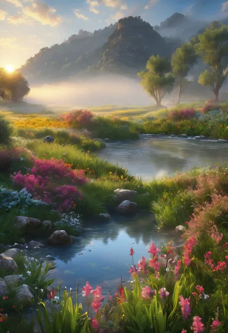 realistic photo. great, astonishing landscape. paradise. valley. sunset. fog. creek. sun rays. birds. flowers.
high-resolution, highly detailed, 8k, masterpiece. score_9,score_8_up,score_7_up,score_6_up.