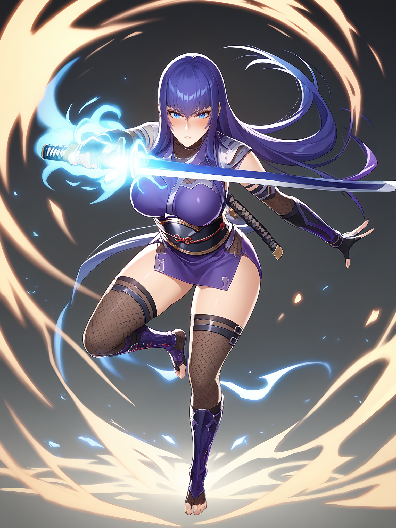 score_9, score_8_up, score_7_up, score_6_up, score_5_up, vivid, sidelighting, volumetric lighting, cinematic, 5 fingers,
Yukishiro Misao, 1girl, holding sword, katana, fighting stance, dynamic pose, full body,
looking at viewer, blush, kubrick stare, parted lips,
long hair, purple hair, blue hair, blue eyes,
ninja, black armor, purple dress, short dress, elbow gloves, fingerless gloves, fishnet gloves, vambraces, knee boots, toeless footwear, fishnet socks,
curvy, large breasts,
black background, aura, windy, battle stance, epic, official art,
<lora:Yukishiro Misao3216PDXL:1>