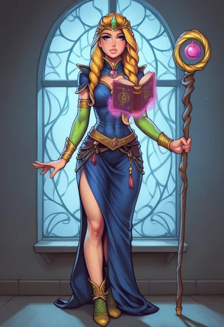 1girl, (((front view))), from front, solo, illustration, comic style, highly detailed, skinny, model body, looking at viewer, masterpiece, best quality, 1girl, masterpiece, best quality, fayenchantress, 1girl, solo, blonde hair, long hair, blue eyes, (young beauty, fit body:1.3), ((((magic shining orb in staff right hand, clothed book in left hand)))), ((((magic clothes))))
<lora:FayEnchantress:0.9>
BREAK
(((dark magic Observatory inside, night sky in window:1.6)))) score_9, score_8_up, score_7_up, score_6_up, source_cartoon, rating_explicit, Expressiveh, ((((full body))))), dynamic pose