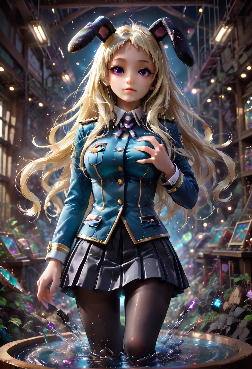 best quality, masterpiece, ultra-detailed,1 girl.  yomozuki runa, blonde hair, purple eyes, long hair, uniform, kigurumi, black animal ears, 
BREAK anthropomorphic , shaking legs, in heat, o-face, Sexy pose, exposing breast, dynamic viewing angle, cowboy shot, playful lighting
