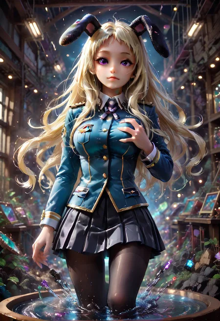 best quality, masterpiece, ultra-detailed,1 girl.  yomozuki runa, blonde hair, purple eyes, long hair, uniform, kigurumi, black animal ears, 
BREAK anthropomorphic , shaking legs, in heat, o-face, Sexy pose, exposing breast, dynamic viewing angle, cowboy shot, playful lighting
