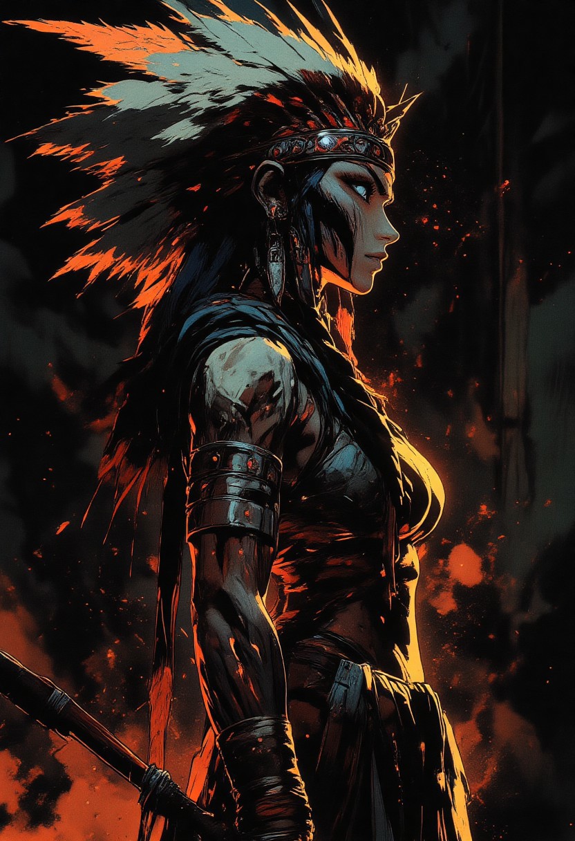 Female aztec warrior, tribal, wolf headdress, spirit energy, energies flowing, war paint, face paint, eye black, glowing eyes, in profile, toned arms, braided hair, large breasts, dark and moody background, adds a dramatic tone, subtle lighting reflections, ray traced, foreshortening, particle effect, Holding a sword,
