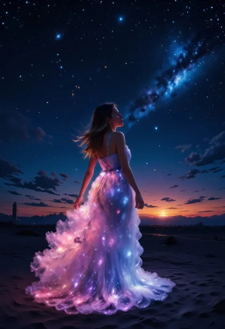 8k HDR RAW photo of a woman wearing a bioluminescence mlkwglx long flowing dress, at the beach, by night, moonlight, detailmaximizer