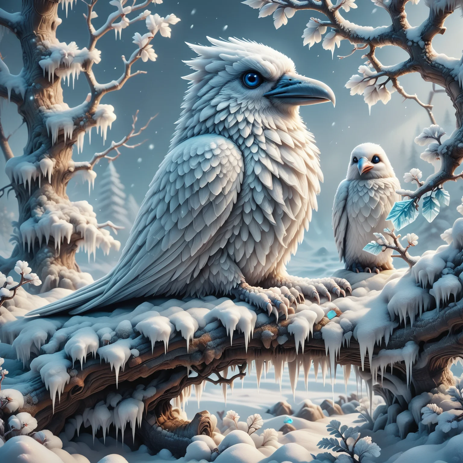 score_9, score_8_up, score_7_up, score_6_up, score_5_up, score_4_up, fr0stwrld, snow, ice <lora:Fr0stWrld4:0.8> BREAK
white crow, animal, white feathers, blue eyes, sitting, branch