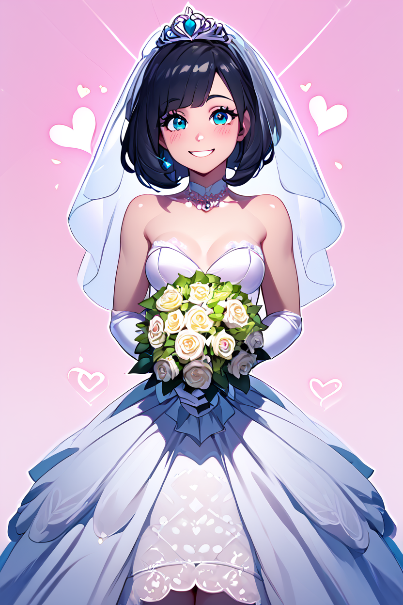 score_9, score_8_up, score_8, medium breasts, (curvy), cute, eyelashes,       BREAK, , zzSelene, 1girl, solo, black hair,  <lora:SelenePDXL:0.7>, , BREAK, smile, looking at viewer,  bride, wedding dress, bridal veil, strapless dress, elbow gloves,  holding bouquet,  hearts, white outline, cowboy shot, embedding:zPDXL, Expressiveh,  <lora:Vivid:0.7>,  <lora:LFashionPDXL:1>,  <lora:Uncensored_PonyXL_cpt_v02.09:0.4>,  <lora:Expressive_H-000001:0.4>,