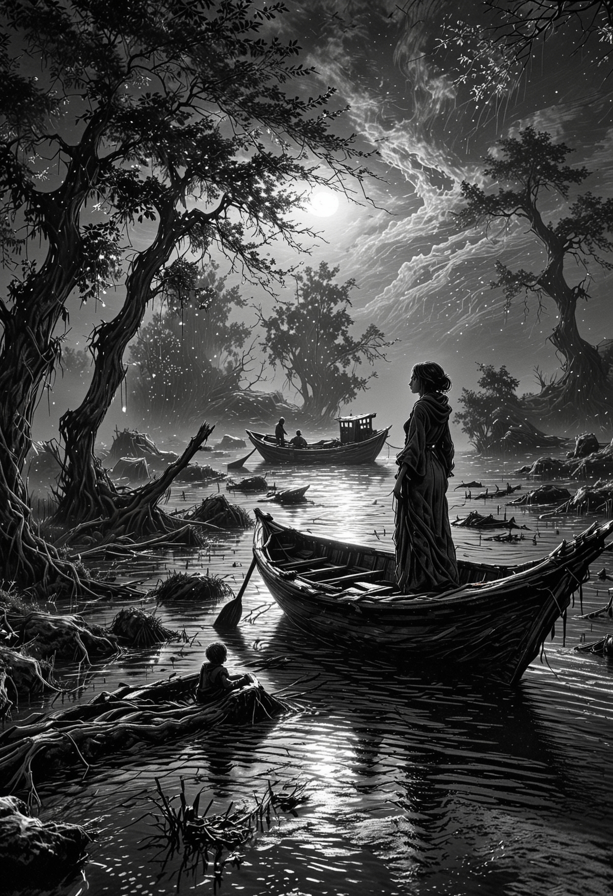 <lora:dAIversity-LoRAtest-Photoreal-XL-01:0.65>
linquivera,  Ink illustration, (anime:0.5), brown tones, aged black red paper, inkpunk, moonlight,surreal, a ghost standing on a boat in swampy wetlands, (at a distance), Will-o'-the-wisp, moonlit, lonely, solitude, windy, tall trees, willows, willowy,  OverallDetail, extremely detailed, UHD,(long exposure , dystopian but extremely beautiful:1.4),
   <lora:SketchStyle:0.8> Jedsk5tch, sketch, black and white <lora:WildcardX-XL-Detail-Enhancer:1.5> <lora:Treeroots_0_90_multi2_Handprocessed_V2:0.6> PG-TR