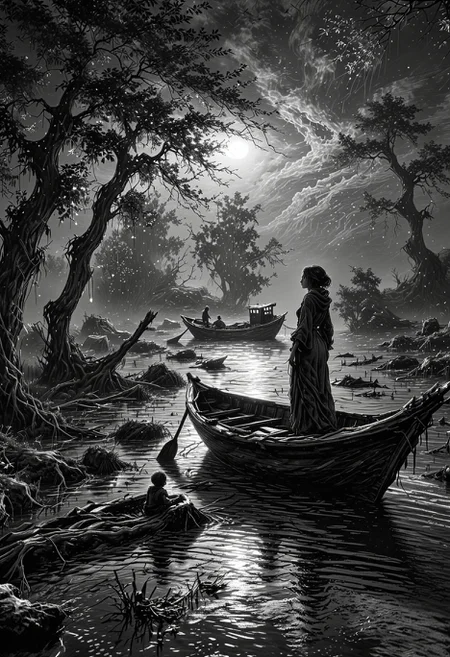 <lora:dAIversity-LoRAtest-Photoreal-XL-01:0.65>
linquivera, Ink illustration, (anime:0.5), brown tones, aged black red paper, inkpunk, moonlight,surreal, a ghost standing on a boat in swampy wetlands, (at a distance), Will-o'-the-wisp, moonlit, lonely, solitude, windy, tall trees, willows, willowy, OverallDetail, extremely detailed, UHD,(long exposure , dystopian but extremely beautiful:1.4),
<lora:SketchStyle:0.8> Jedsk5tch, sketch, black and white <lora:WildcardX-XL-Detail-Enhancer:1.5> <lora:Treeroots_0_90_multi2_Handprocessed_V2:0.6> PG-TR