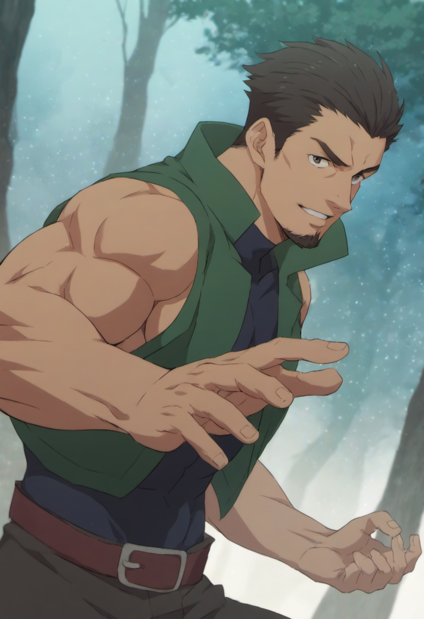 1boy, hans, forest environment, slick back hair, short hair, goatee, belt, score_8_up, score_7_up, score_6_up, score_9_up, ancient ,medieval, green open vest, (((short vest))) , tight black sleeveless undershirt, (manly),face_focus, middle-age man, muscular, centered,looking at viewer,  detailed eyes, 8k uhd, high quality, fight pose