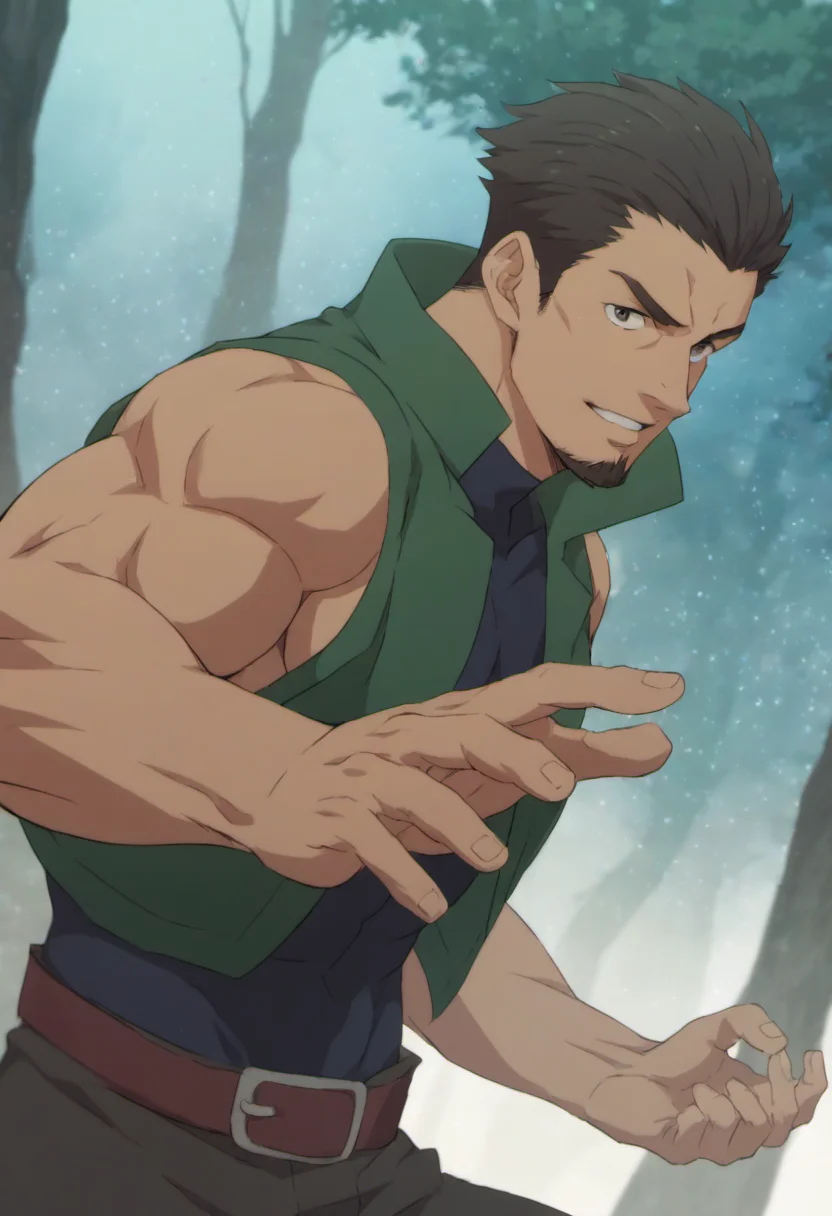 1boy, hans, forest environment, slick back hair, short hair, goatee, belt, score_8_up, score_7_up, score_6_up, score_9_up, ancient ,medieval, green open vest, (((short vest))) , tight black sleeveless undershirt, (manly),face_focus, middle-age man, muscular, centered,looking at viewer,  detailed eyes, 8k uhd, high quality, fight pose