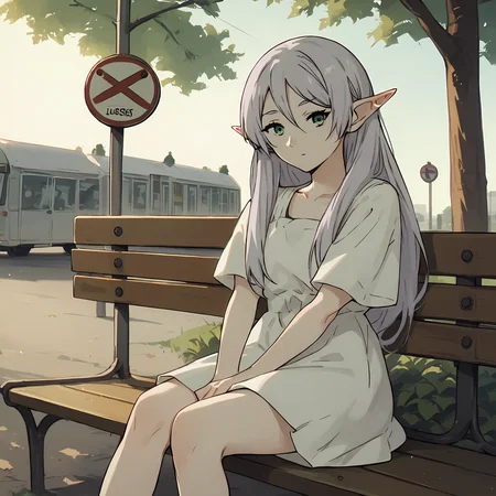 score_9. score_8_up, score_7_up, animeirl, 1girl, FrierenSSnF, green eyes, pointy ears, grey hair, long hair, white dress, shorts, bench,sitting, outdoor, bus stop, dark, sunset, looking at viewer <lora:Animeirl v3 GLoRA PDXL Anzhc:0.8> <lora:SousouNoFrieren_FrierenXL:0.75> <lora:KrekkovXL:0.4> <lora:add-detail-xl:0.8>