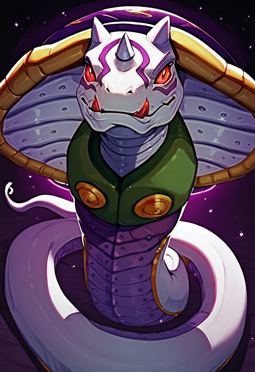 (score_9, score_8_up, score_7_up, score_6_up, score_5_up, score_4_up), source_cartoon, dark lighting, (high quality), (high resolution), 4k, Sandiramon, monster, cobra, white skin, red eyes, three horns, purple shell, purple marks purple armor, gold trim, green chestplate,