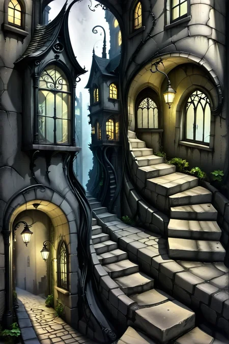 Creeping Shadows on Cobblestone Streets - Gothic Fae (fairy), A narrow, winding street paved with cracked cobblestones, flanked by distorted gothic buildings with elongated windows and twisted iron balconies. Shadows seem to stretch and crawl along the walls, and the streetlamps cast an unnatural, almost liquid light. <lora:EnvyPastelGoth02-prodigy-batch6:1> <lora:SDXLFaeTastic2400:1> <lora:Goth_SDXL_V1:1> <lora:LowBrowXL:1> <lora:GothGirlLorav0.1:1>