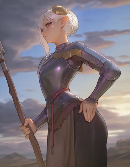 very awa,  <lora:ponyv6_noobV1_2_adamW-000017:0.4>, <lora:styles/Wassnonman_WAI.safetensors:0.75>, [asura \(asurauser\)::0.8], [(bartolomeobari:1.2):0.65],  1girl, white hair, pointy ears, shiny armor, spear, hair bun, looking at viewer, cloudy sky,  masterpiece, [best quality:0.15], newest, absurdres, very aesthetic, best quality, year 2024, newest,