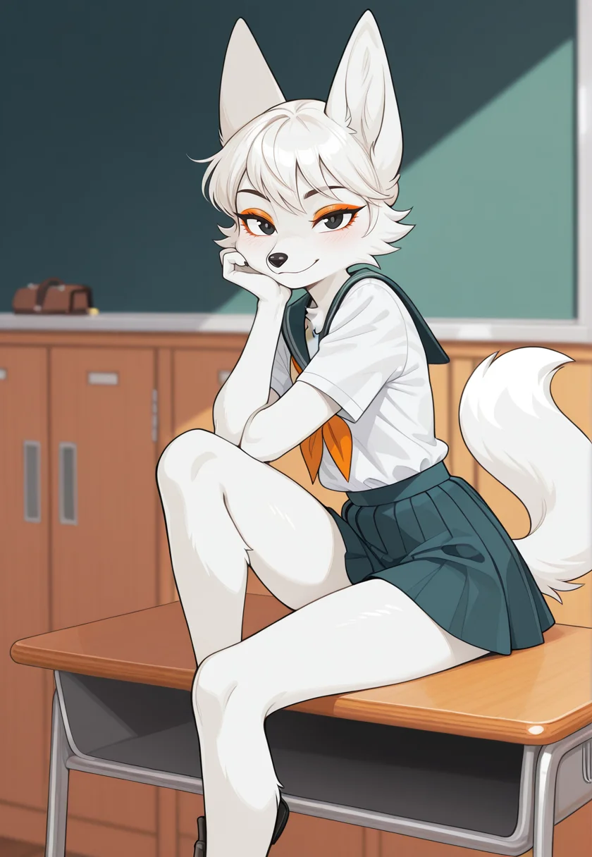 masterpiece,best quality,amazing quality, sfw, general, solo, solo female, looking at viewer, adorable, beautiful, Amelie, anthro fox, furry female, white fur, black nose, black eyes, orange makeup, sitting, school uniform, school uniform, mini skirt, sexy, (long legs), tall, long and beautiful legs, looking at viewer, cute, posing <lora:Amelie_VK_stickers:0.8>