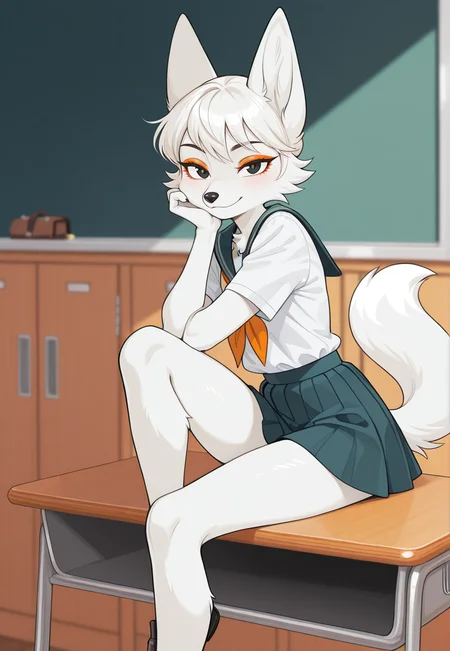 masterpiece,best quality,amazing quality, sfw, general, solo, solo female, looking at viewer, adorable, beautiful, Amelie, anthro fox, furry female, white fur, black nose, black eyes, orange makeup, sitting, school uniform, school uniform, mini skirt, sexy, (long legs), tall, long and beautiful legs, looking at viewer, cute, posing <lora:Amelie_VK_stickers:0.8>