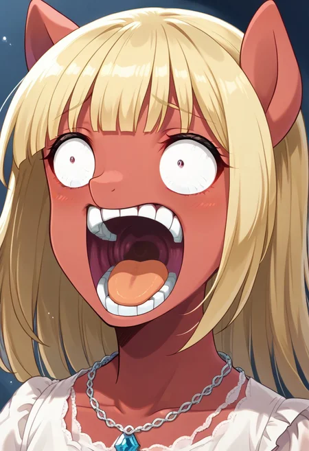 score_9, r0ug3, white dress, necklace, source_pony, ntm, <lora:enel-face-ponyxl-lora-nochekaiser:1> enel face, open mouth, wide-eyed, teeth, tongue,