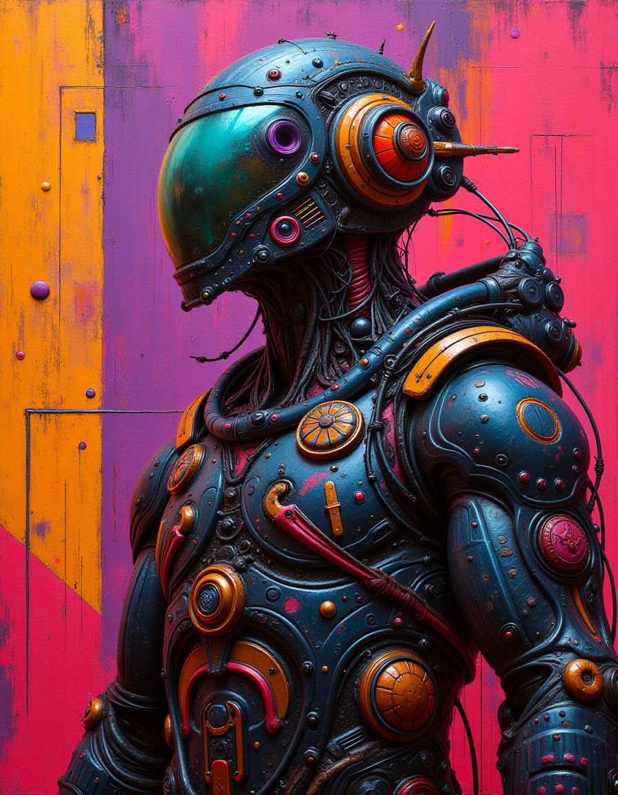 colorfull oil painting, sharp focus, biopunk and dark fantasy and retrofuturism.
saturated dirt color background.
geometric shapes on background.
in the style Gerald Brom and Joseph Cross.
The painting features dark tones, high contrast, clean lines, high resolution, and high detail. <lora:alien_landscape_flux:1>