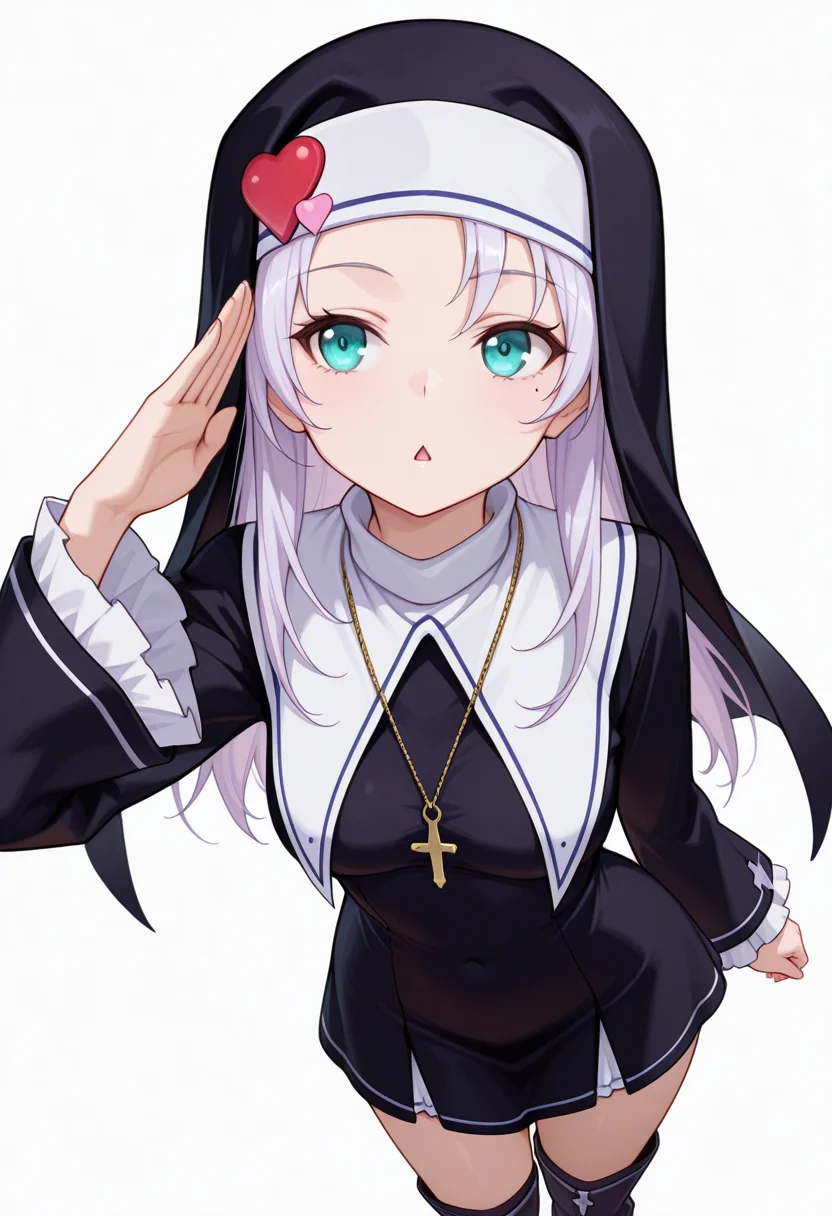 Smooth Quality,masterpiece,very intricate, high quality details, ultra realistic, high detailed skin,detailed enviorement,absurdres,
straight-arm salute,
 <lora:Kate_Takayama_CNR:0.8> kate_cnr, 1girl,light purple  hair, long hair, aqua eyes, mole under eye,nun, habit,cross necklace, heart ornament,boots,, simple background, white background, front view,solo,, diamond mouth,