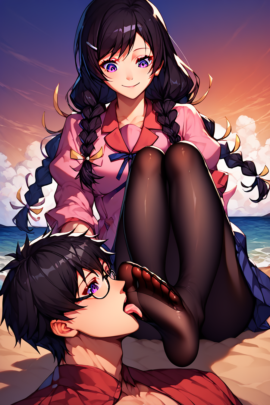 score_9, score_8_up, score_7_up, score_6_up, score_5_up, score_4_up,   <lora:tsubasa-hanekawa-ponyxl-lora-nochekaiser:1> , hanekawa tsubasa, long hair, black hair, hair ornament, purple eyes, braid, hairclip, twin braids, glasses,skirt, school uniform, naoetsu high school uniform, highly detailed face, highly detailed shining eyes, symmetrical highly detailed eyes, beach, sea, sand, <lora:sock_pantyhose_licking-000017:0.8>, 1girl, 1boy, black pantyhose, licking pantyhose, 4_toes, femdom, looking down,