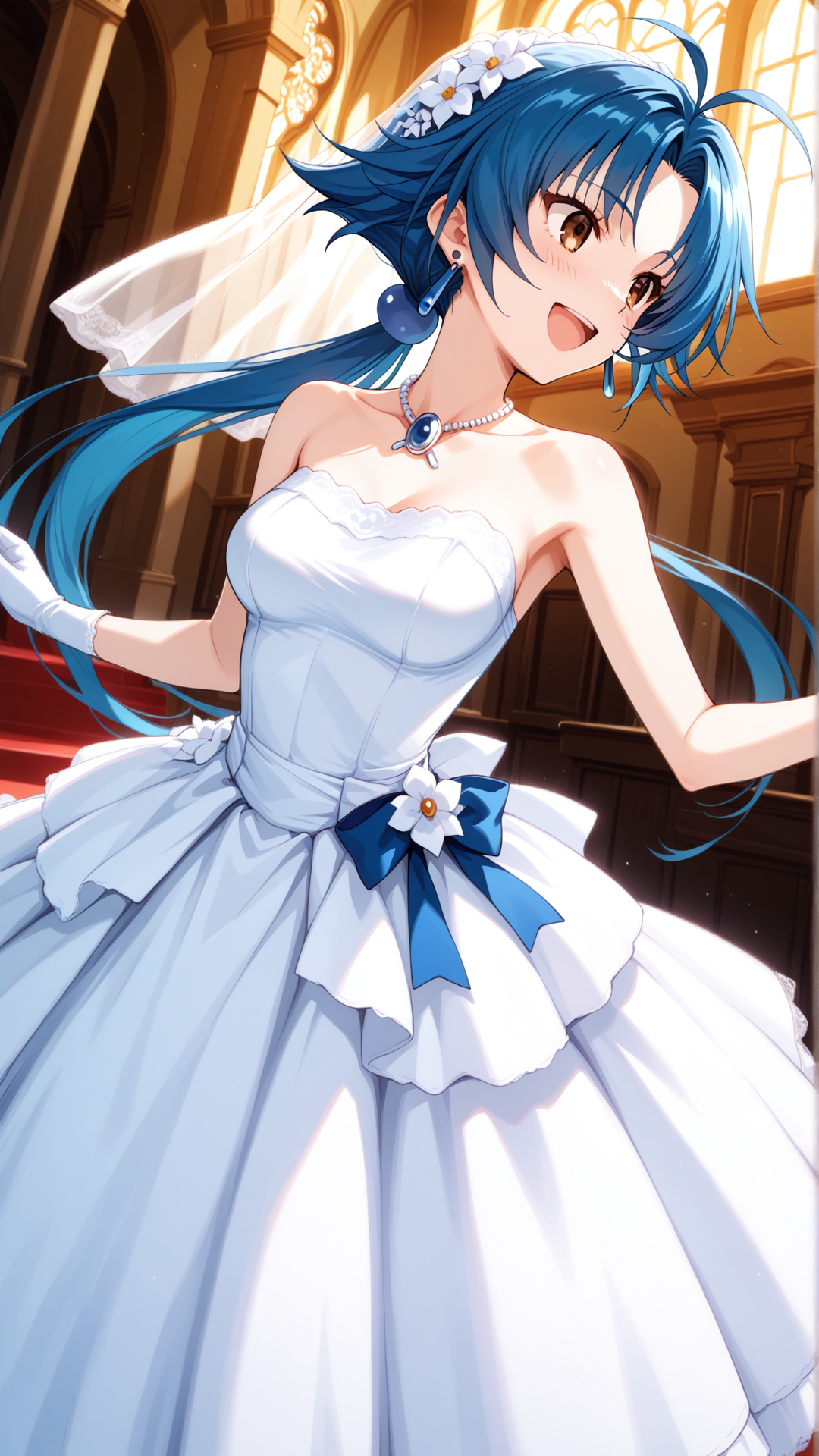 source_anime, general, best quality, masterpiece, 1girl,  <lora:Aria_Advance_ill_v1.1:1> aria_advance\(srw\), brown eyes, blue hair,medium breasts,long hair,low ponytail , jewelry,earrings,wedding dress,chapel, happy, (embarrassed:0.8),  dynamic pose, dutch angle,