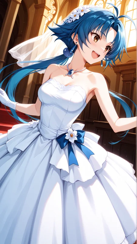 source_anime, general, best quality, masterpiece, 1girl, <lora:Aria_Advance_ill_v1.1:1> aria_advance\(srw\), brown eyes, blue hair,medium breasts,long hair,low ponytail , jewelry,earrings,wedding dress,chapel, happy, (embarrassed:0.8), dynamic pose, dutch angle,