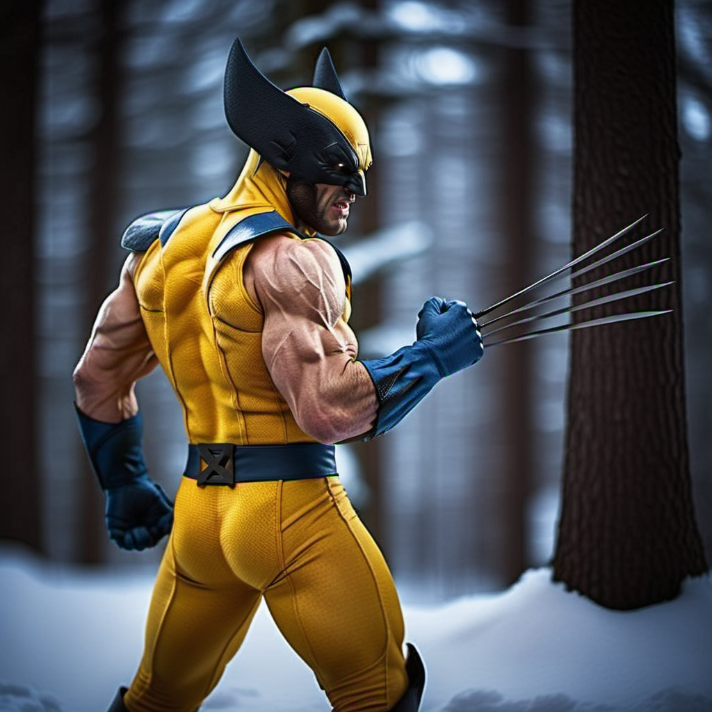 WolverineV2-1024, a man dressed as wolverine,side view,  claws, in winter canadian forest, highly detailed, photography, ultra sharp, film, bokeh, professional, 64k  <lora:WolverineV2-1024:0.8>