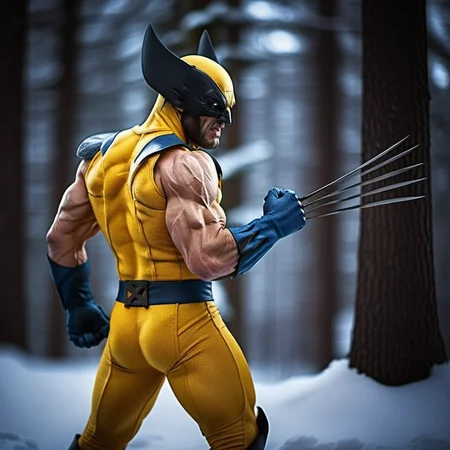 WolverineV2-1024, a man dressed as wolverine,side view, claws, in winter canadian forest, highly detailed, photography, ultra sharp, film, bokeh, professional, 64k <lora:WolverineV2-1024:0.8>