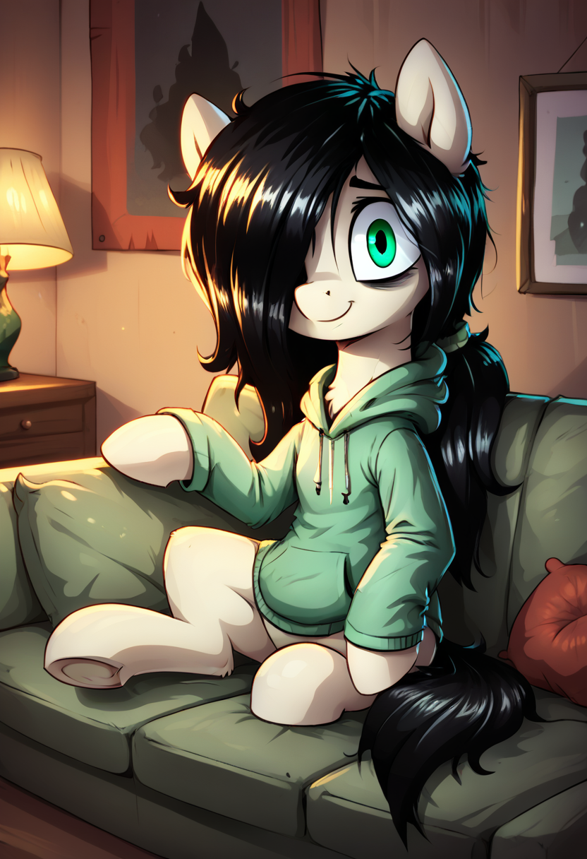 score_9, score_8_up, score_8,   <lora:Floor_Bored_MLP_OC_for_PonyXL:0.8> mare, 1girl, fl00rb0red, pony, long hair, green eyes, black hair, hoodie, hair over one eye, bags under eyes, solo, living room, sitting on couch, smile,