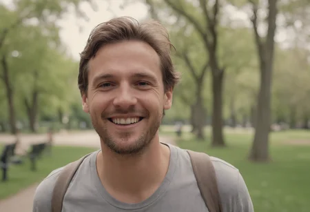 high quality close up dslr snapshot of a happy man walking through a park, high definition film grain photo taken at f/16, ISO 100, with a 200mm lens, global illumination, fibonacci