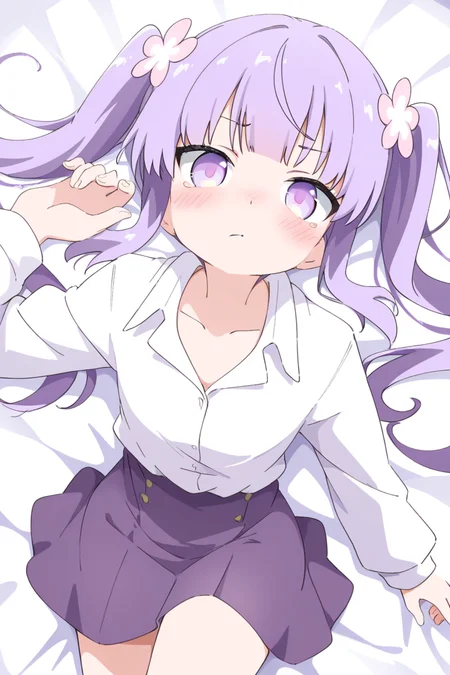 masterpiece, best quality, amazing quality,
<lora:Cynical_IL:1> cynical, 1girl, purple eyes, twintails, solo, shirt, long hair, looking at viewer, purple hair, skirt, white shirt, hair ornament, blush, long sleeves, closed mouth, hair flower, flower, collarbone, from above, lying, bangs, collared shirt