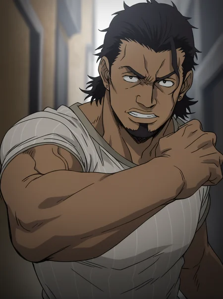 1boy, arnold_gangsta, black hair, dark_skin,  tight_striped_t-shirt, Curly hair,medium hair, goatee beard, veiny arms,score_8_up, score_7_up, score_6_up, score_9_up, (manly), (muscular), stocky body, (big muscle), (big arms), middle-age man, centered,looking at viewer, abs_focus, First-person perspective, pov, detailed eyes, 8k uhd, high quality, anime color,  alley, fighting pose, <lora:Arnold:0.6>, <lora:umikochannartv2:0.6>,